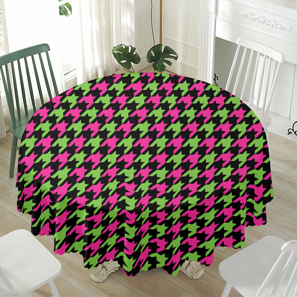 Pink And Green Houndstooth Pattern Print Waterproof Round Tablecloth