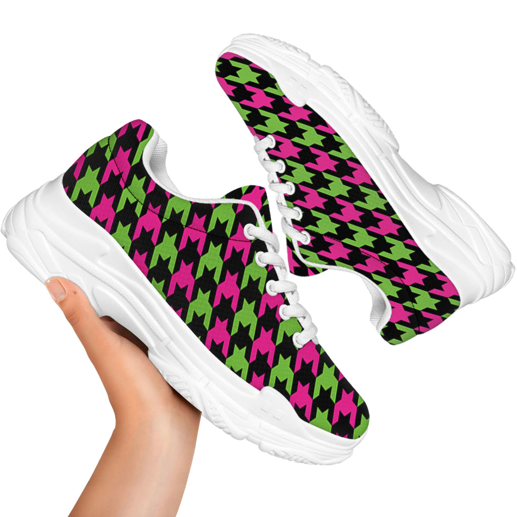 Pink And Green Houndstooth Pattern Print White Chunky Shoes