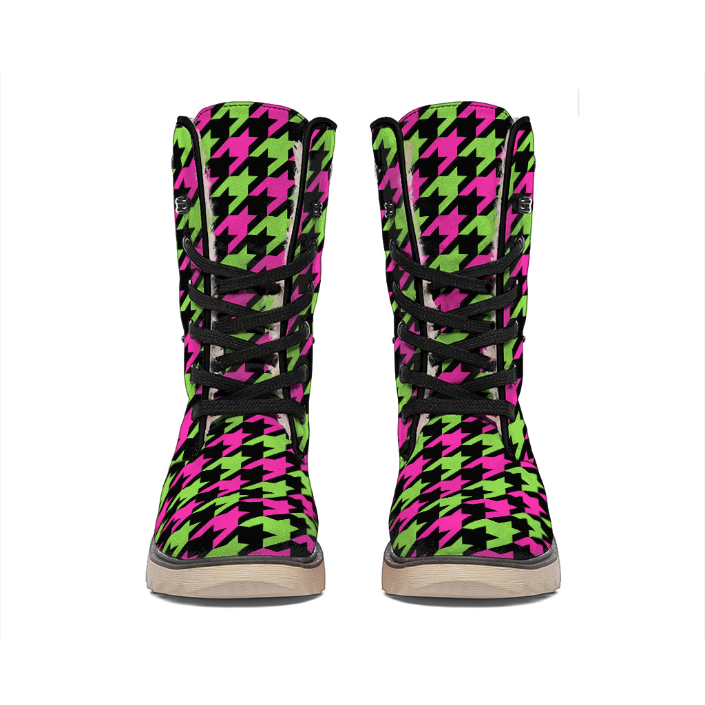 Pink And Green Houndstooth Pattern Print Winter Boots