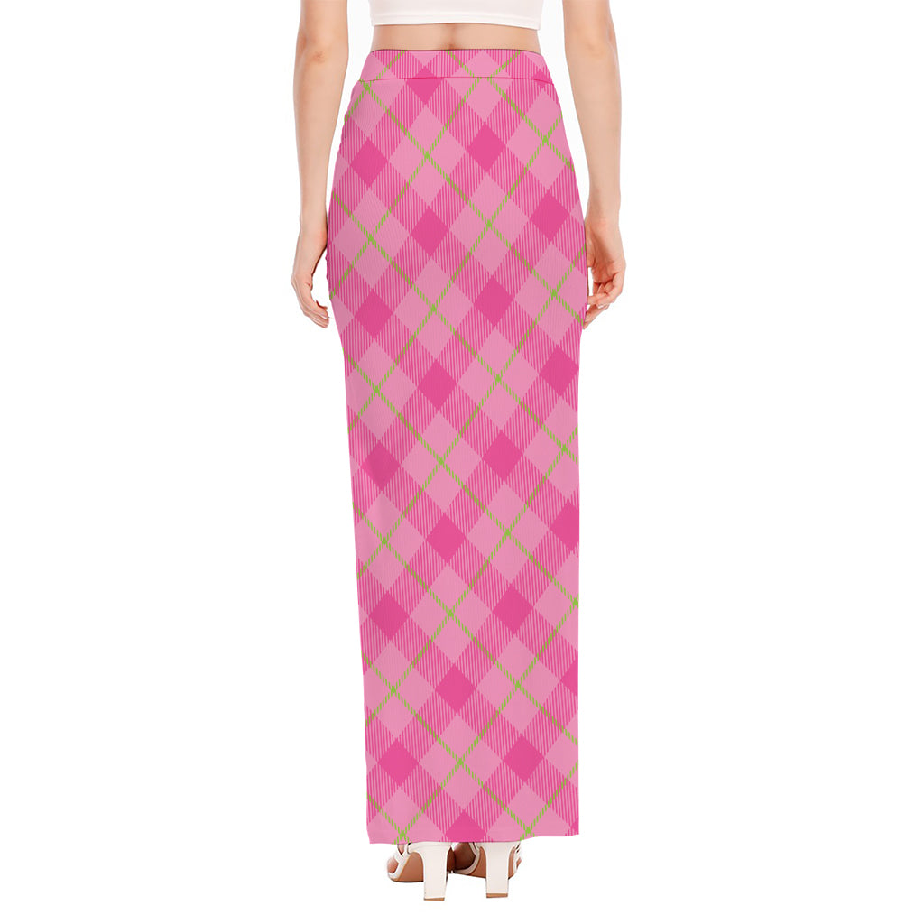 Pink And Green Plaid Pattern Print High Slit Maxi Skirt