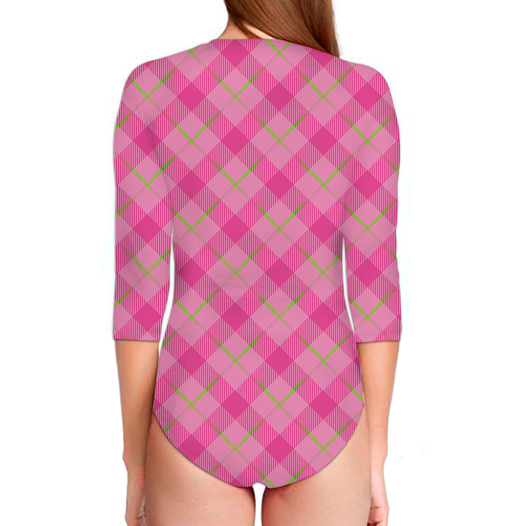 Pink And Green Plaid Pattern Print Long Sleeve Swimsuit