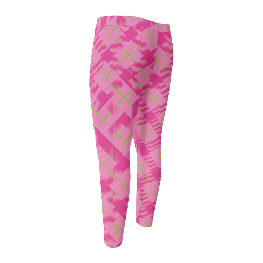 Pink And Green Plaid Pattern Print Men's Compression Pants