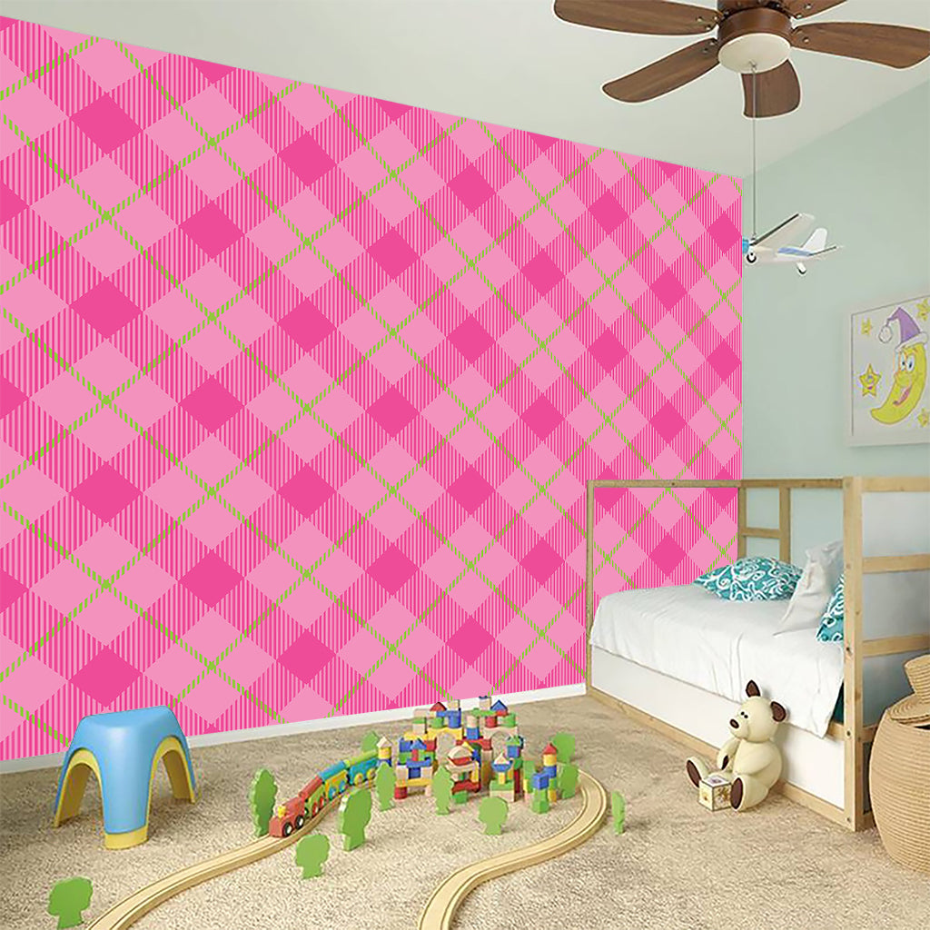 Pink And Green Plaid Pattern Print Wall Sticker