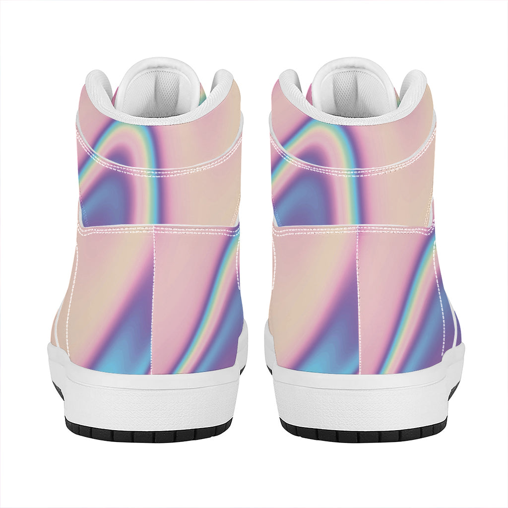 Pink And Teal Holographic Print High Top Leather Sneakers