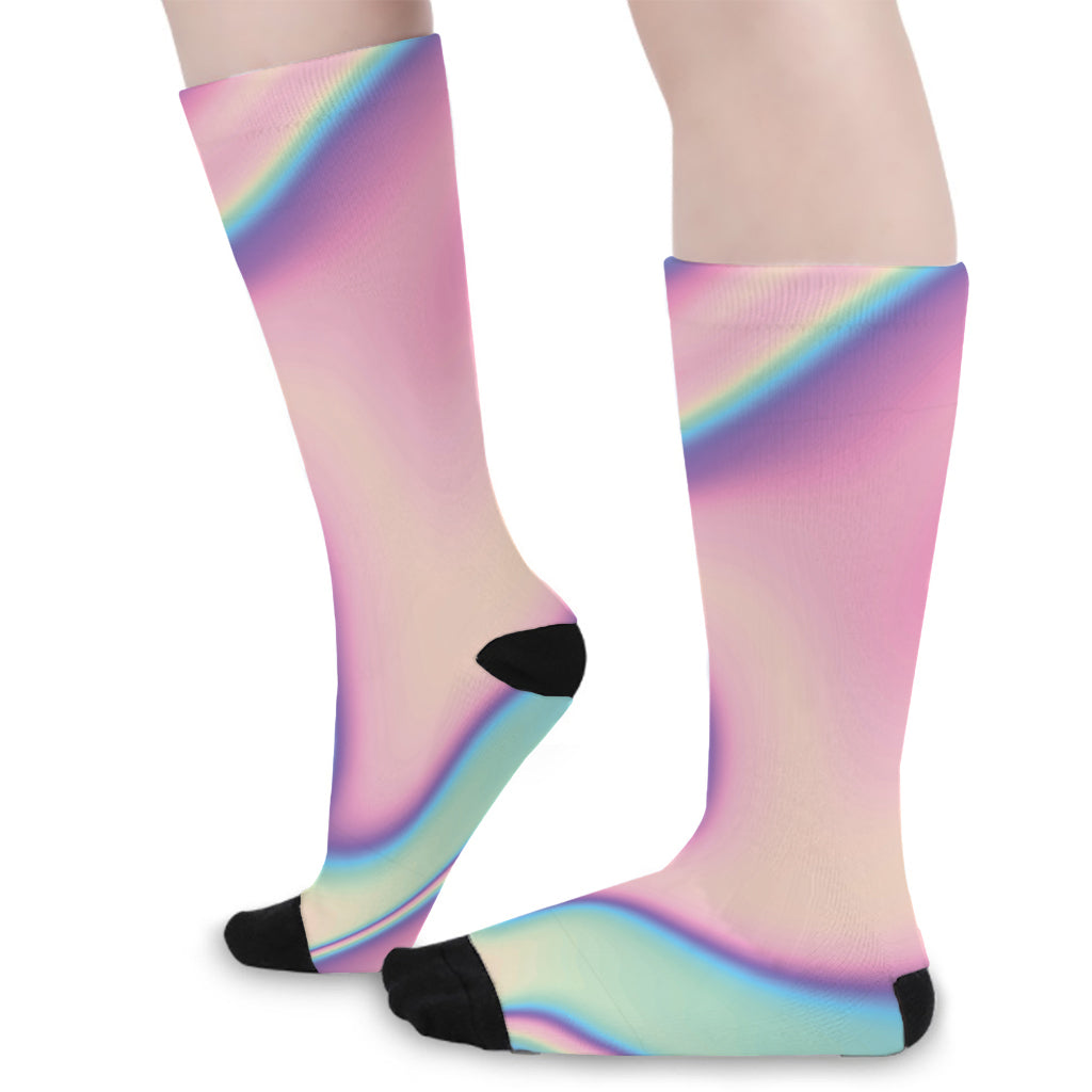 Pink And Teal Holographic Print Long Socks