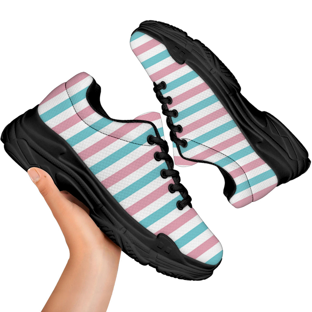 Pink And Teal Striped Pattern Print Black Chunky Shoes