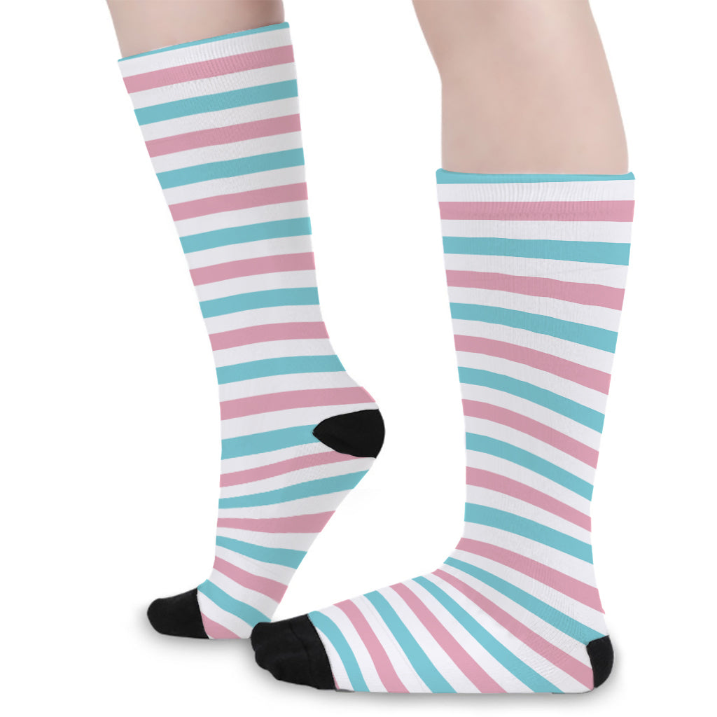 Pink And Teal Striped Pattern Print Long Socks