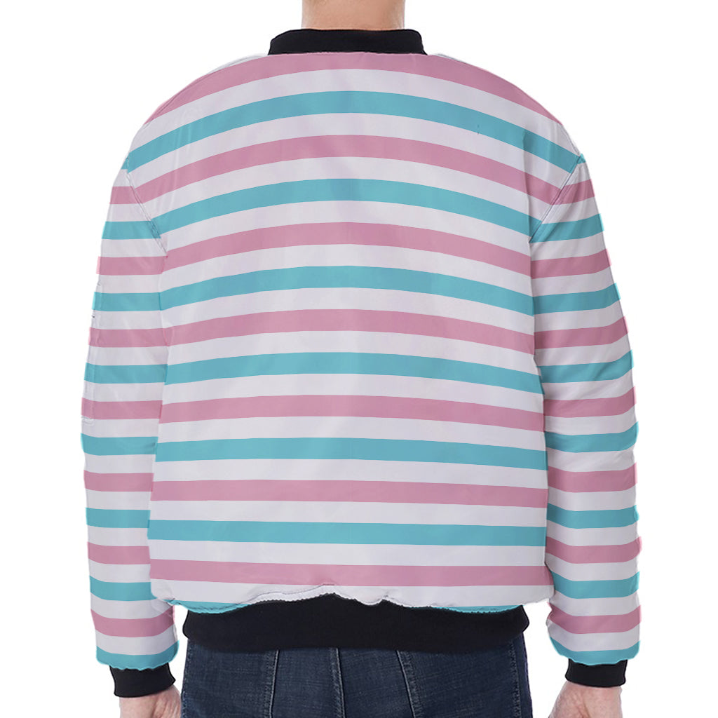 Pink And Teal Striped Pattern Print Zip Sleeve Bomber Jacket