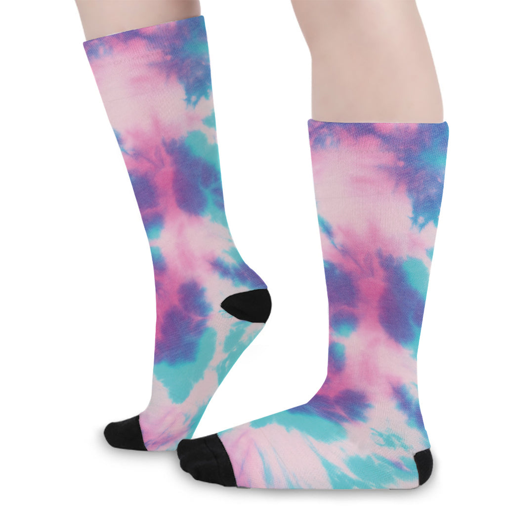 Pink And Teal Tie Dye Print Long Socks