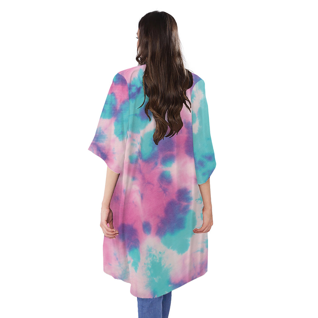 Pink And Teal Tie Dye Print Open Front Beach Cover Up