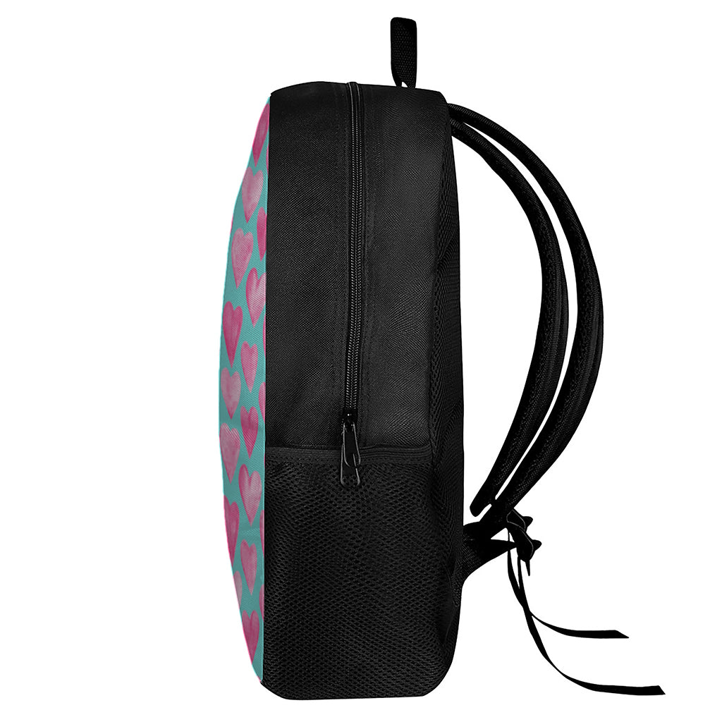 Pink And Teal Watercolor Heart Print 17 Inch Backpack