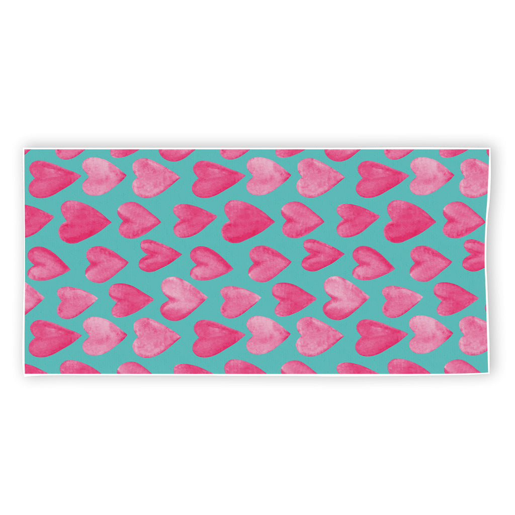 Pink And Teal Watercolor Heart Print Beach Towel