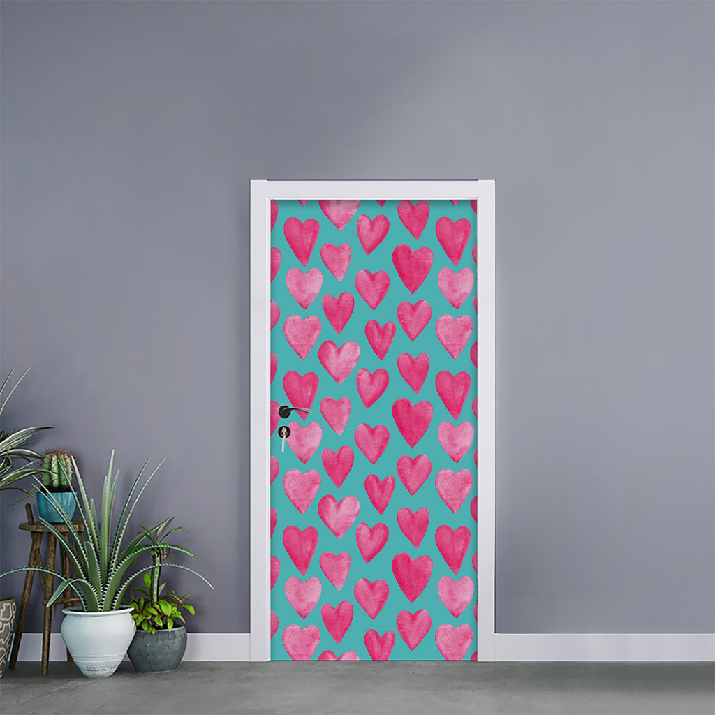 Pink And Teal Watercolor Heart Print Door Sticker