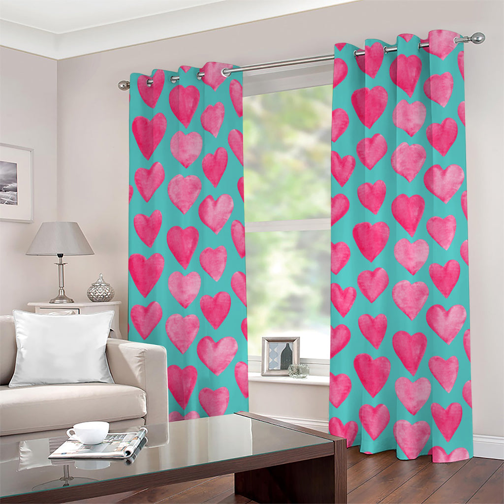 Pink And Teal Watercolor Heart Print Grommet Curtains