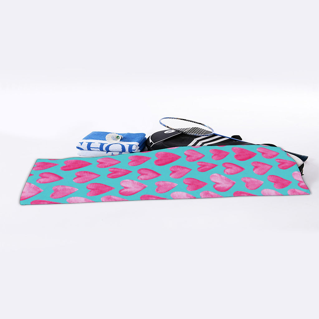 Pink And Teal Watercolor Heart Print Sports Towel