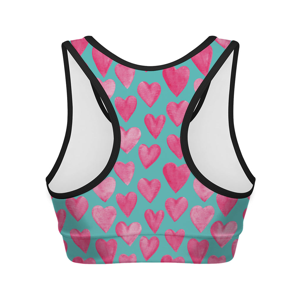Pink And Teal Watercolor Heart Print Women's Sports Bra