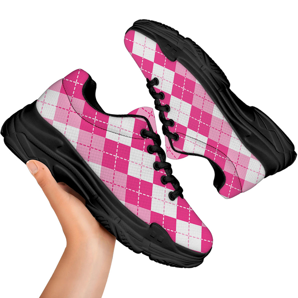 Pink And White Argyle Pattern Print Black Chunky Shoes
