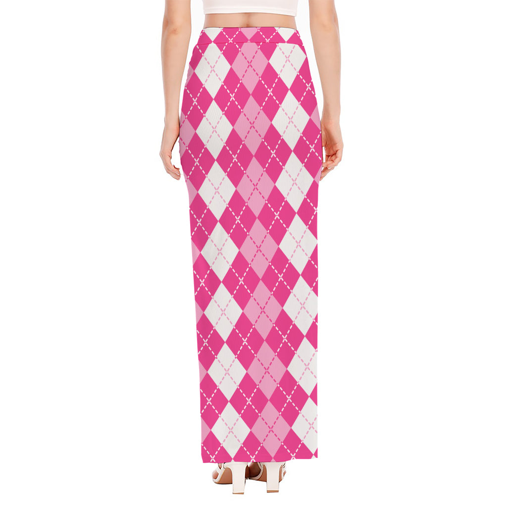 Pink And White Argyle Pattern Print High Slit Maxi Skirt