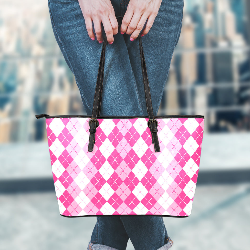 Pink And White Argyle Pattern Print Leather Tote Bag