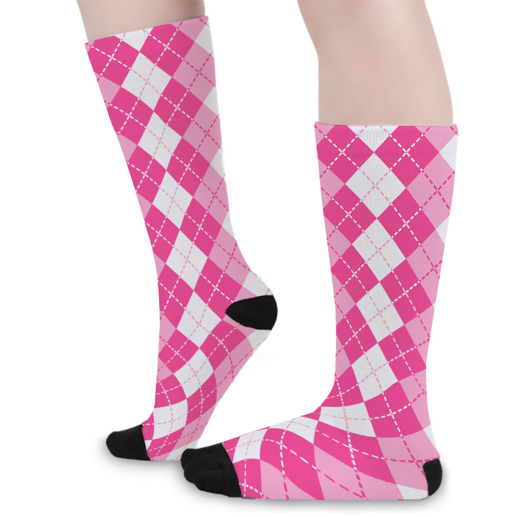 Pink And White Argyle Pattern Print Long Socks