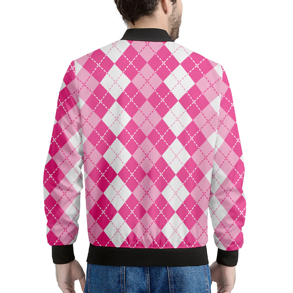 Pink And White Argyle Pattern Print Men's Bomber Jacket