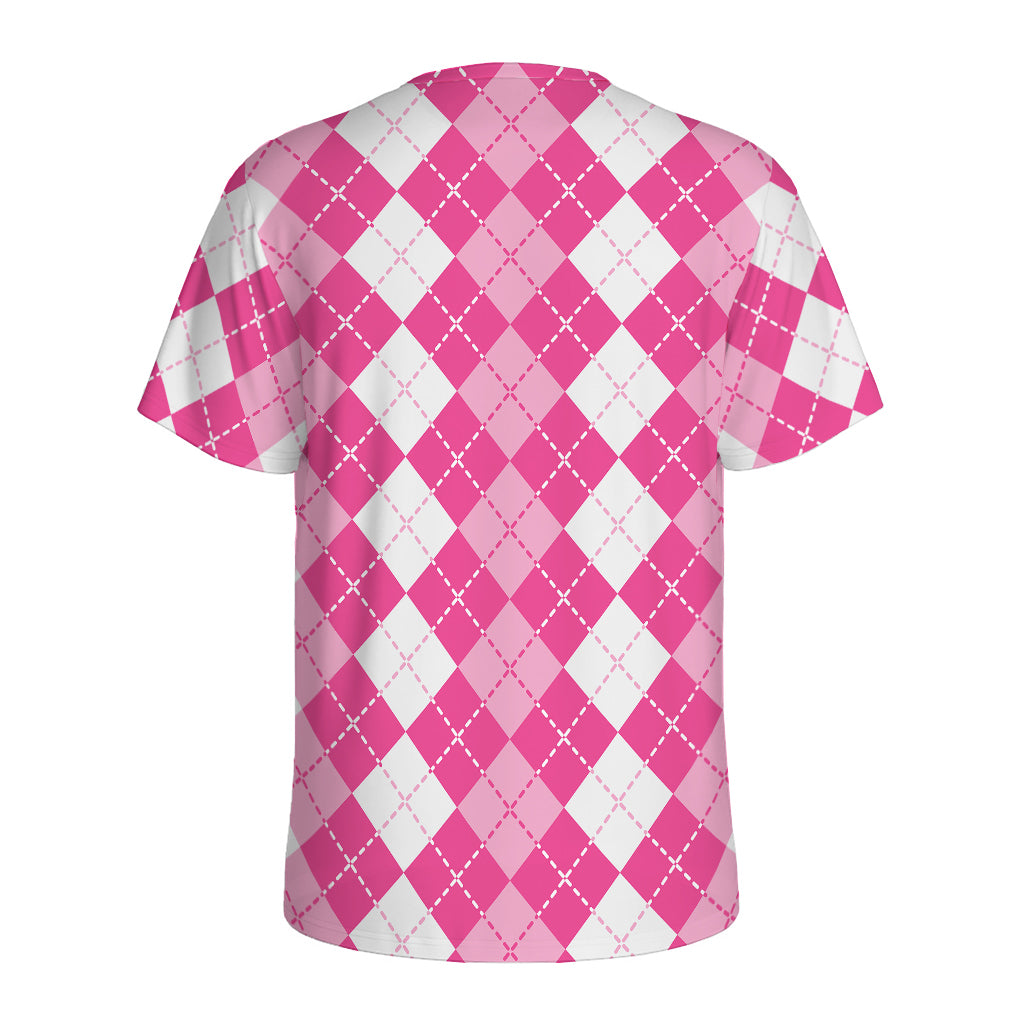 Pink And White Argyle Pattern Print Men's Sports T-Shirt
