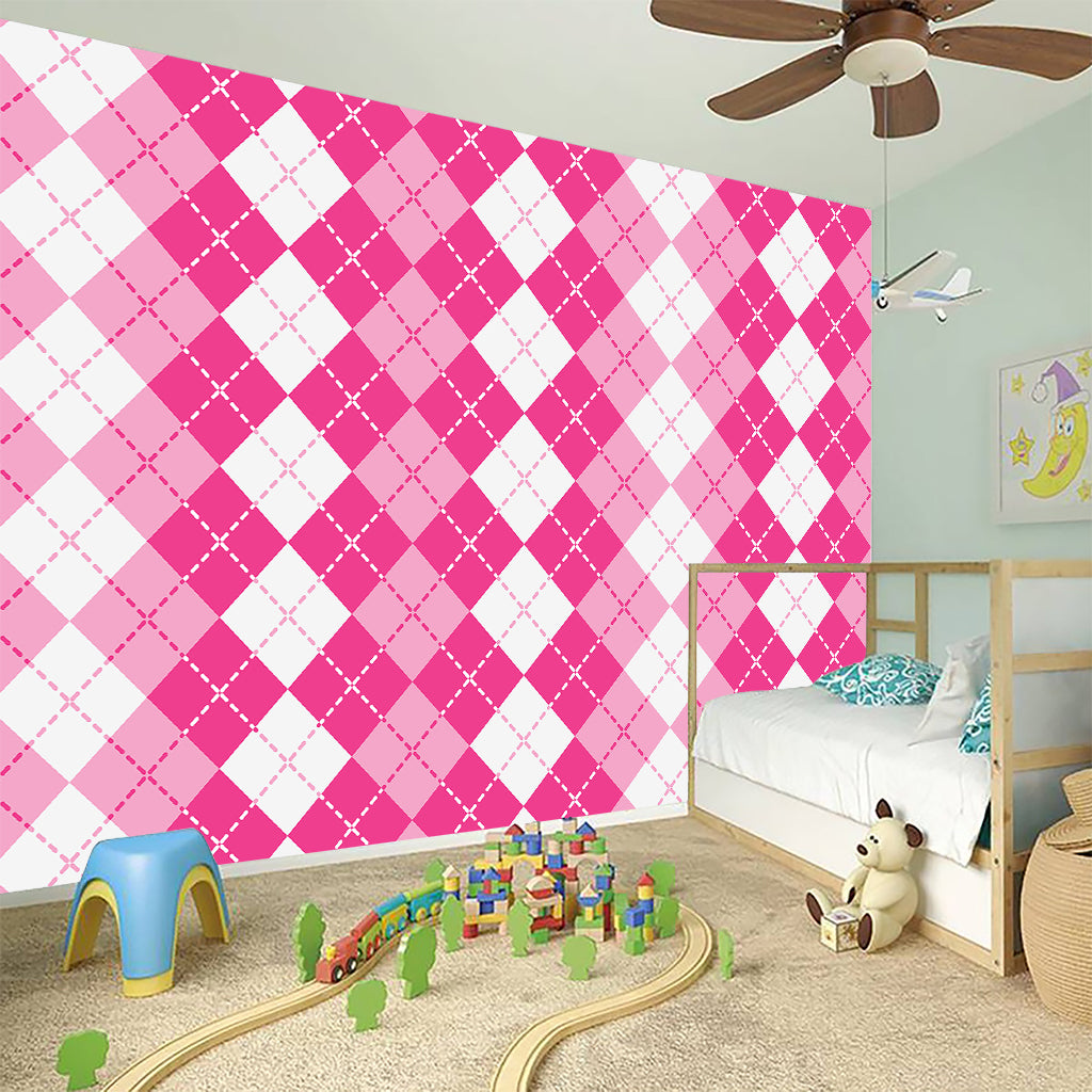 Pink And White Argyle Pattern Print Wall Sticker