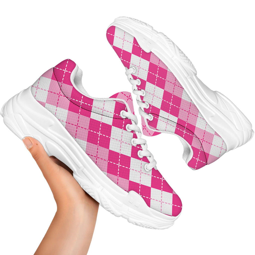 Pink And White Argyle Pattern Print White Chunky Shoes