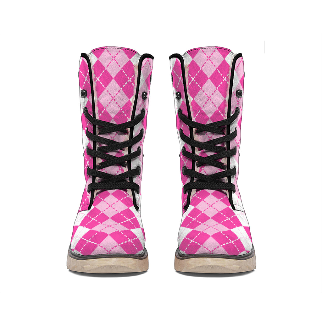 Pink And White Argyle Pattern Print Winter Boots