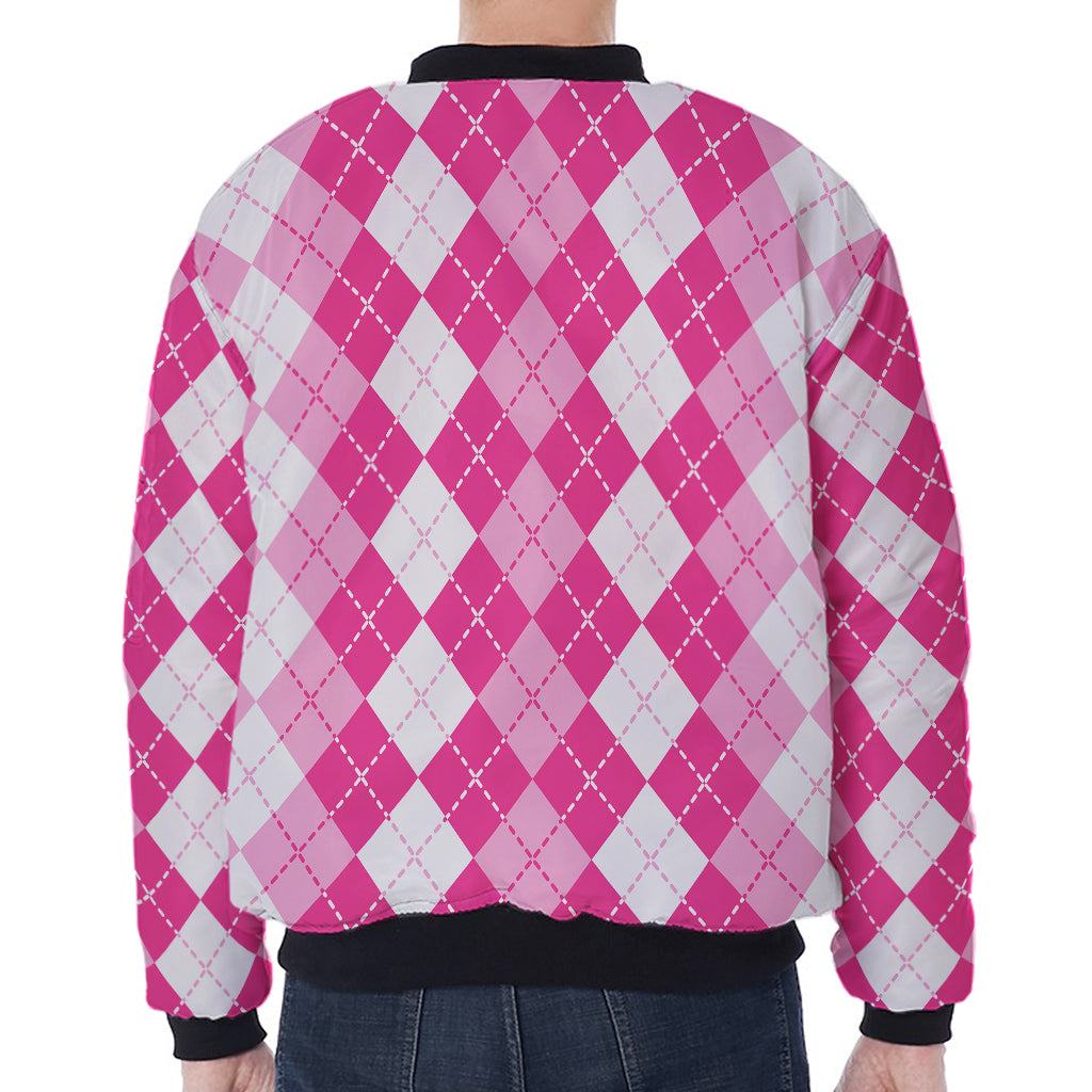 Pink And White Argyle Pattern Print Zip Sleeve Bomber Jacket