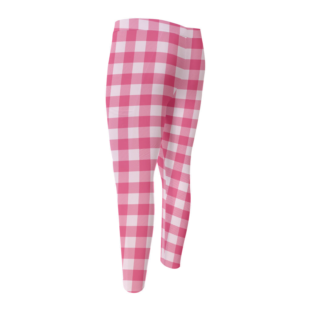 Pink And White Buffalo Check Print Men's Compression Pants