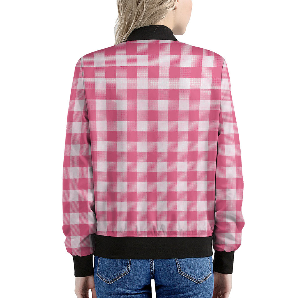 Pink And White Buffalo Check Print Women's Bomber Jacket