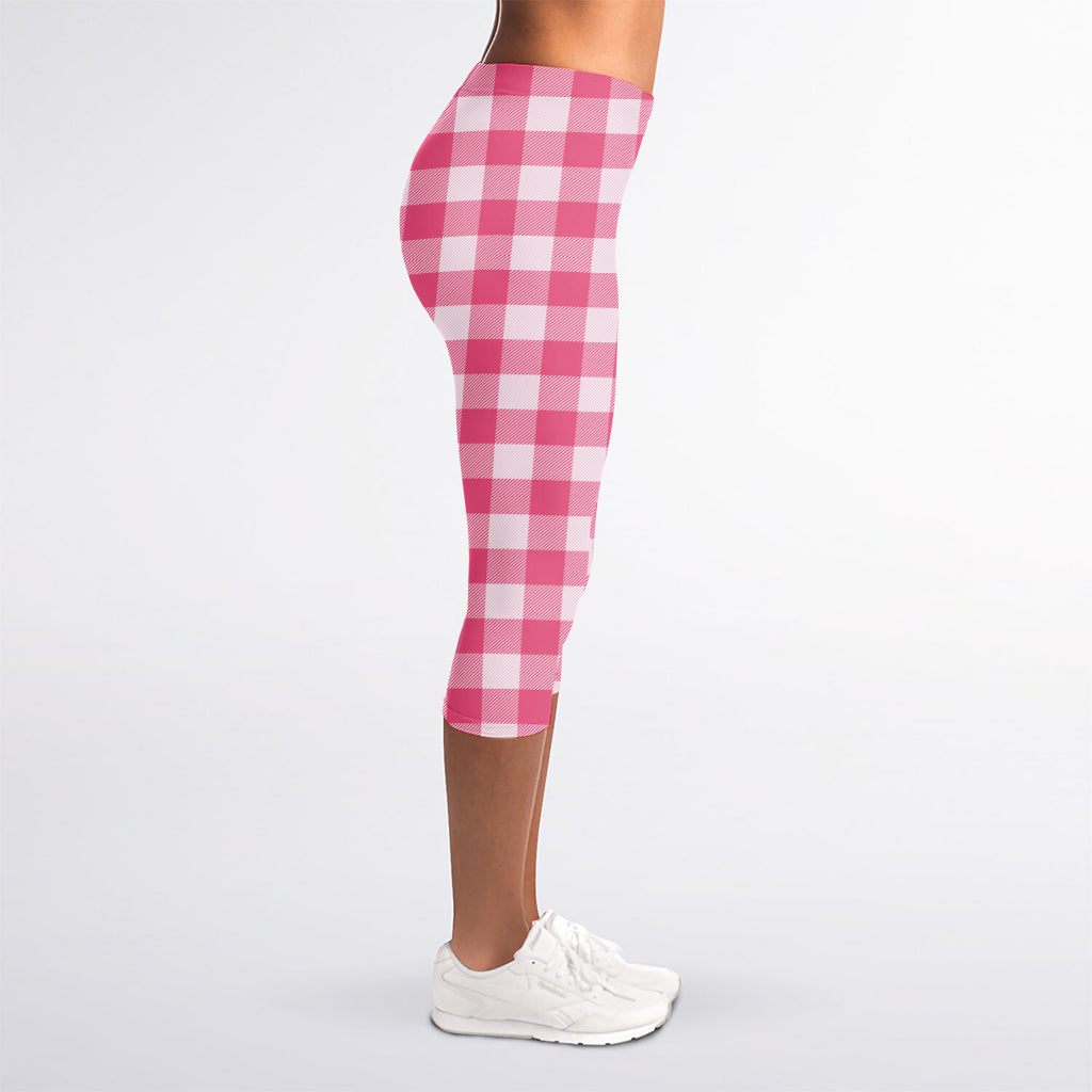 Pink And White Buffalo Check Print Women's Capri Leggings