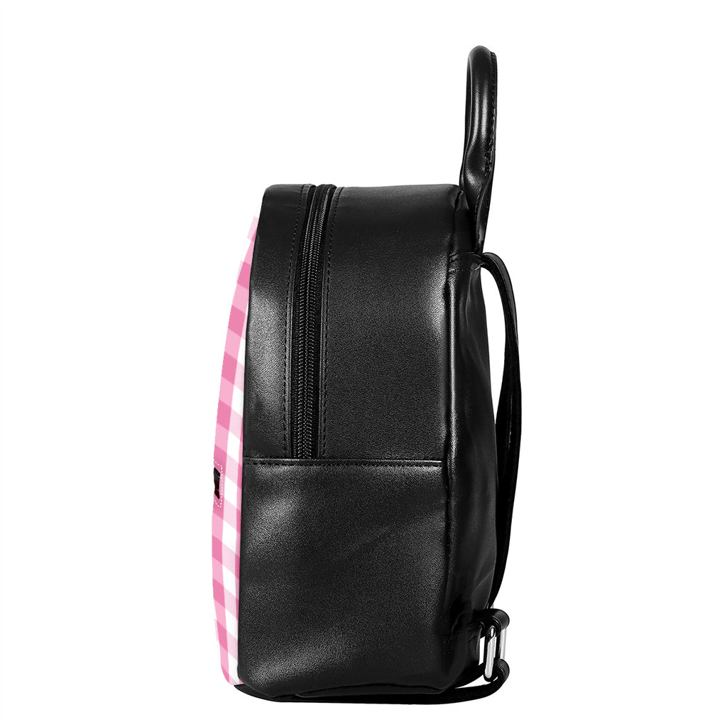 Pink And White Check Pattern Print Leather Backpack