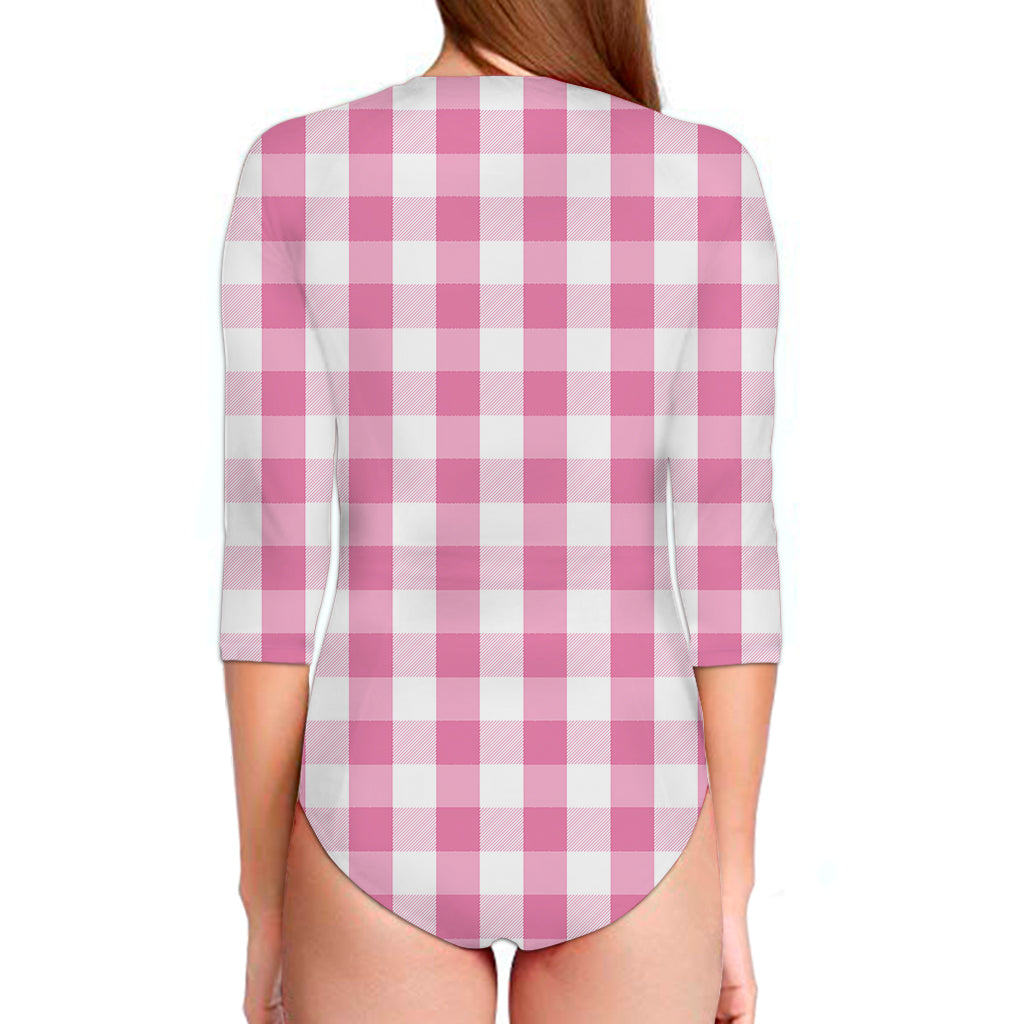 Pink And White Check Pattern Print Long Sleeve Swimsuit
