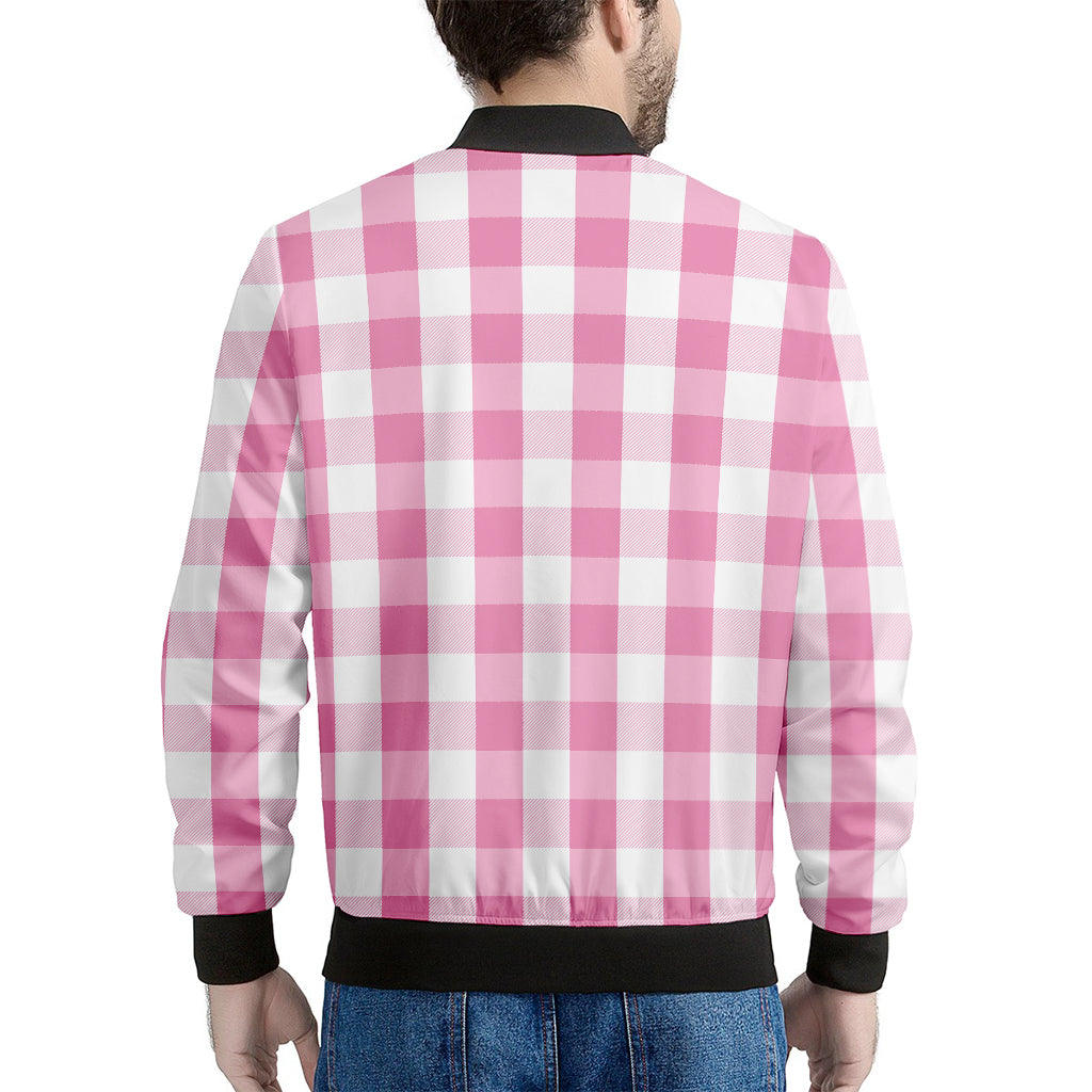 Pink And White Check Pattern Print Men's Bomber Jacket