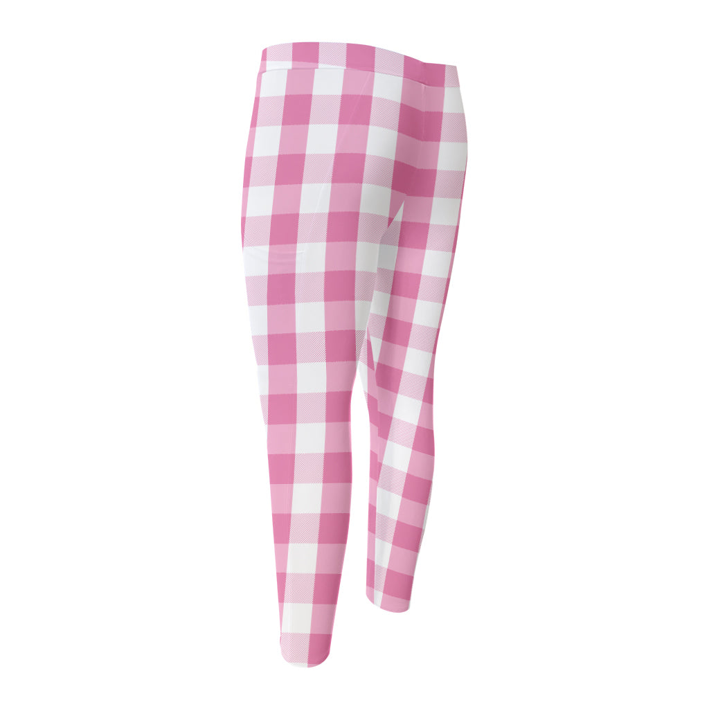 Pink And White Check Pattern Print Men's Compression Pants