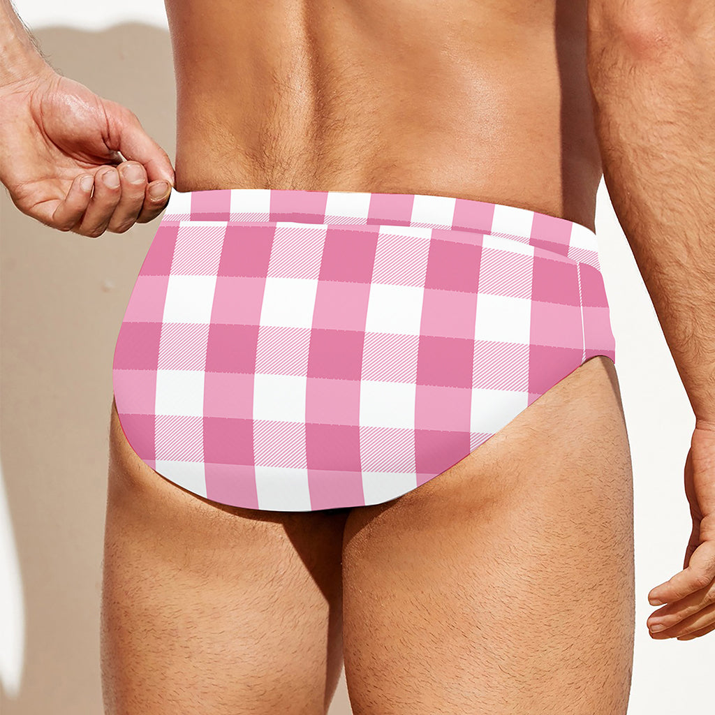 Pink And White Check Pattern Print Men's Swim Briefs