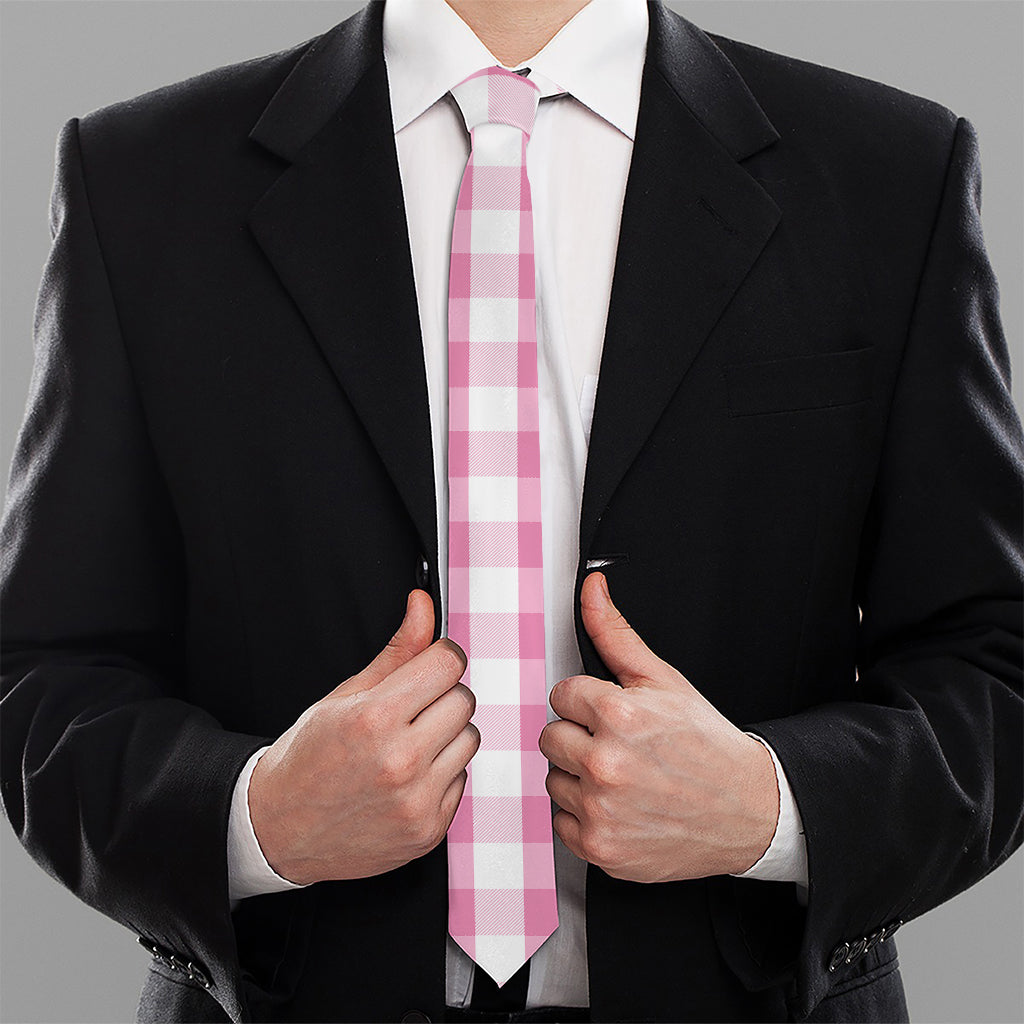 Pink And White Check Pattern Print Necktie