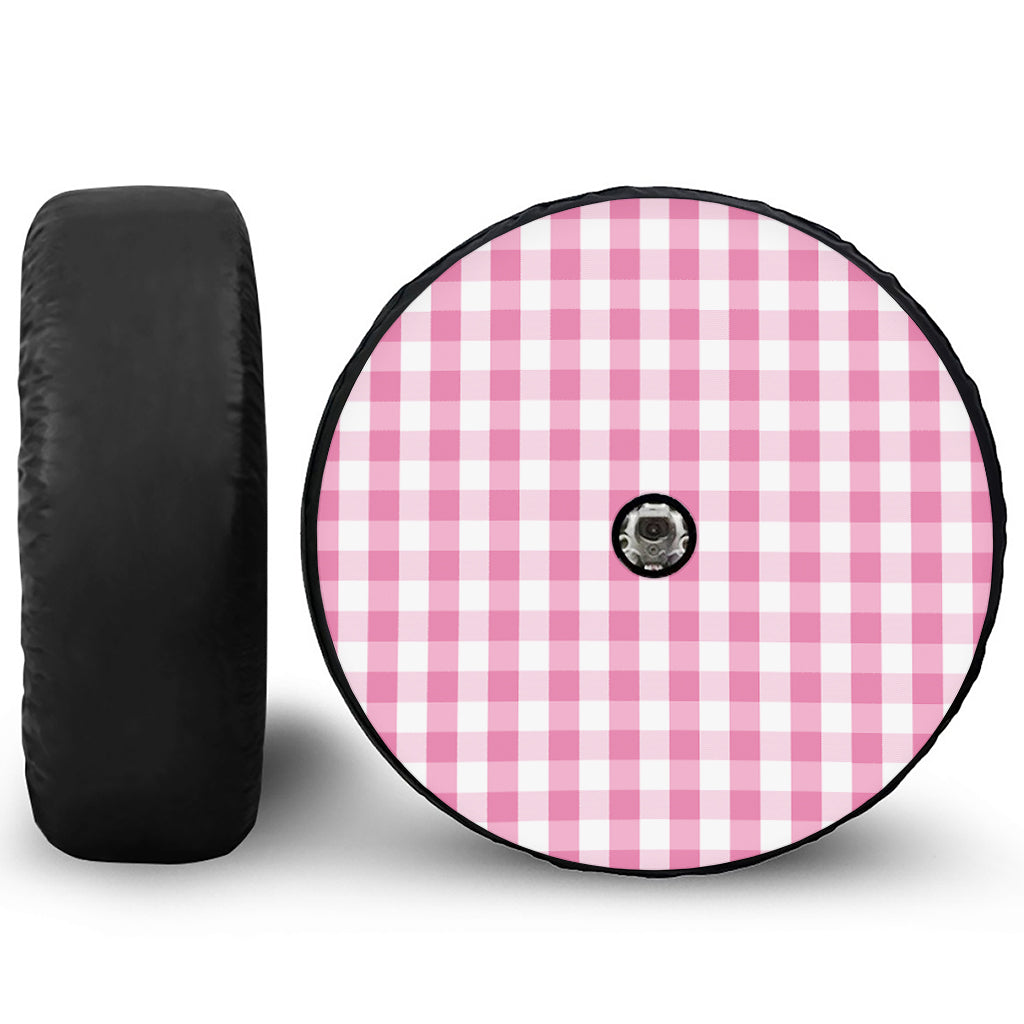 Pink And White Check Pattern Print Tire Cover With Camera Hole