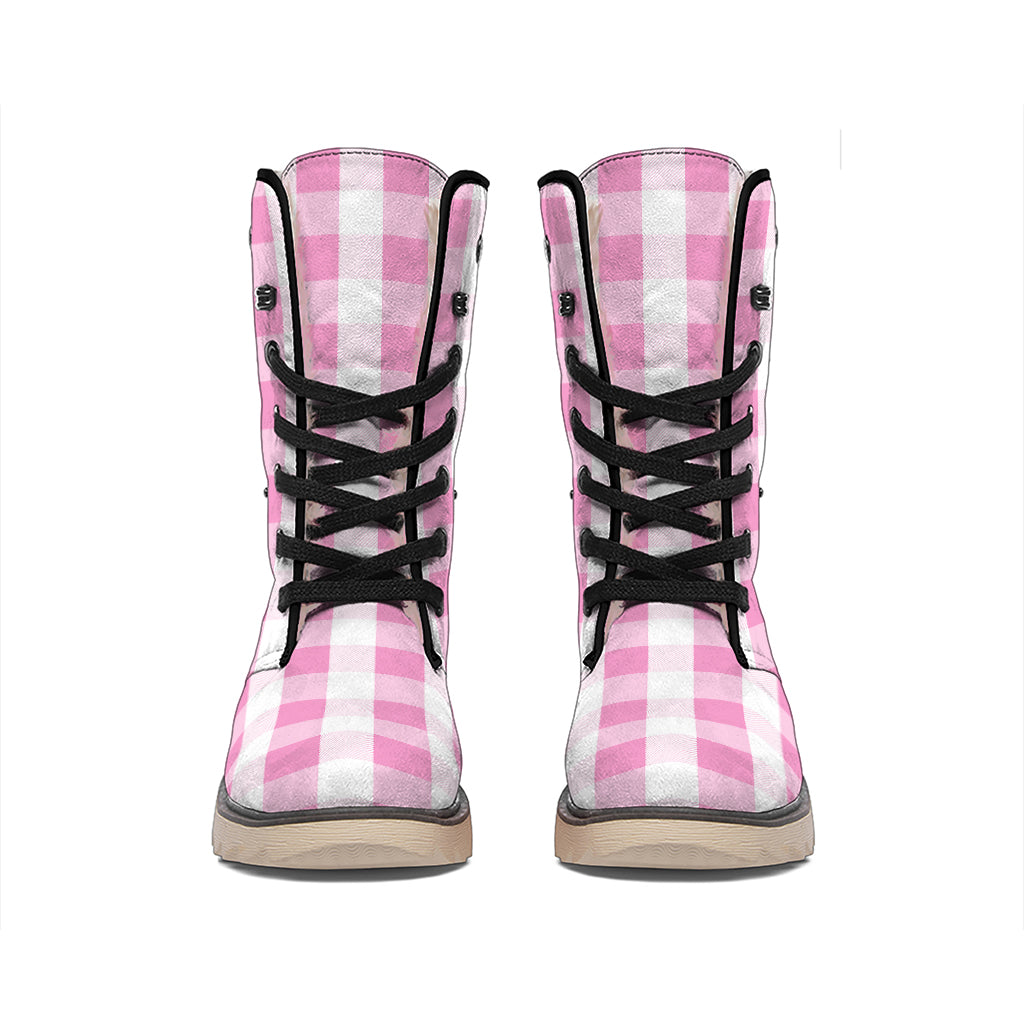 Pink And White Check Pattern Print Winter Boots