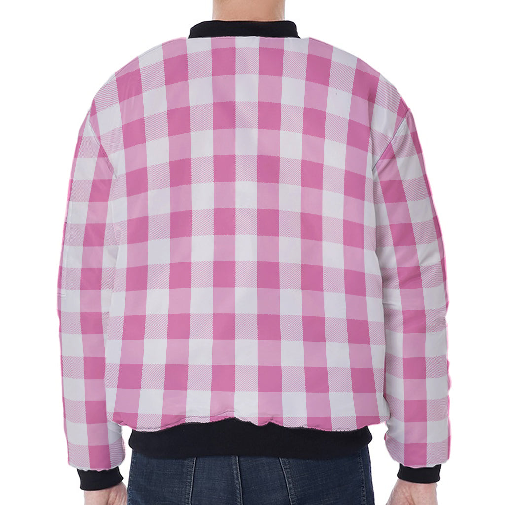 Pink And White Check Pattern Print Zip Sleeve Bomber Jacket