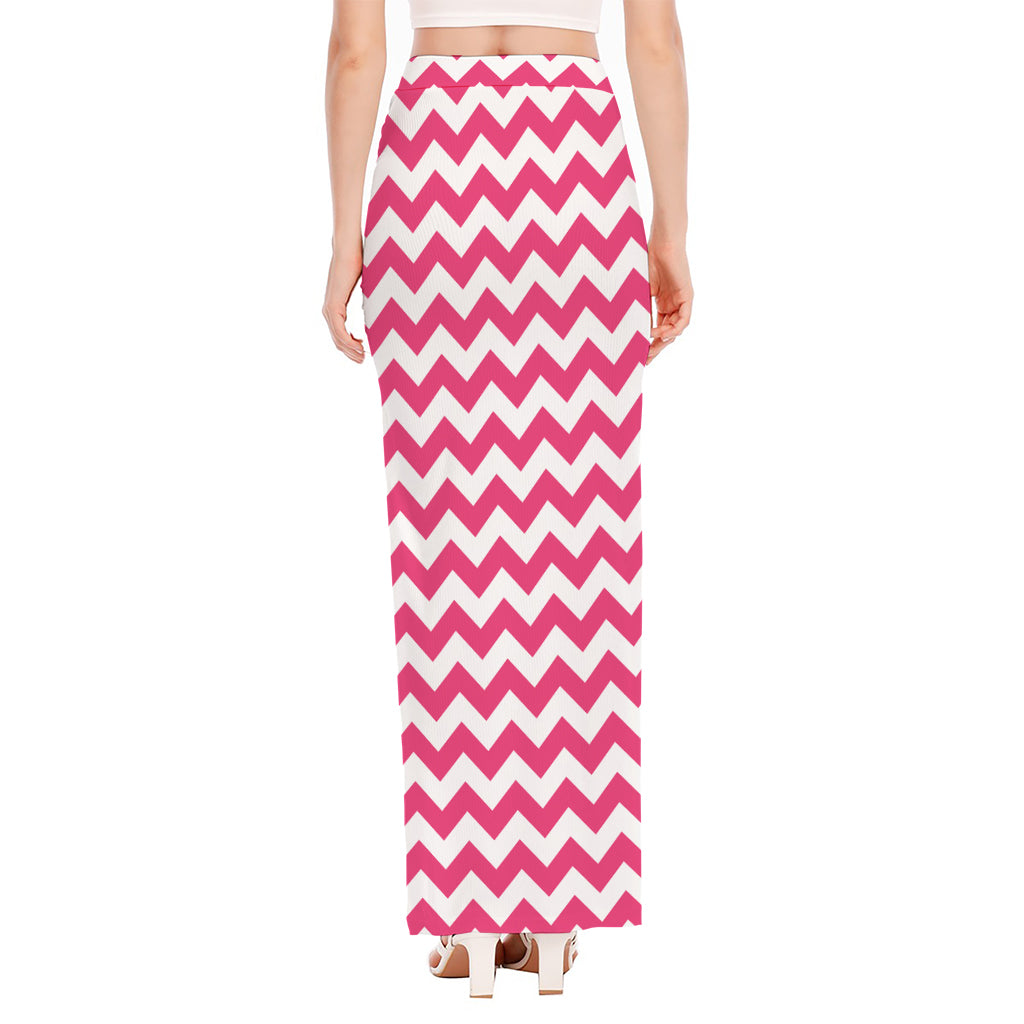 Pink And White Chevron Pattern Print High Slit Maxi Skirt