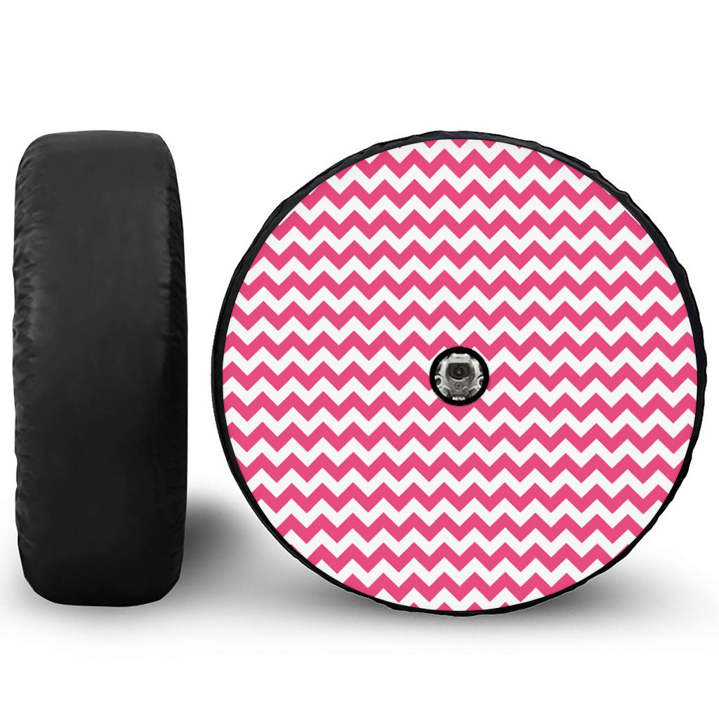 Pink And White Chevron Pattern Print Tire Cover With Camera Hole