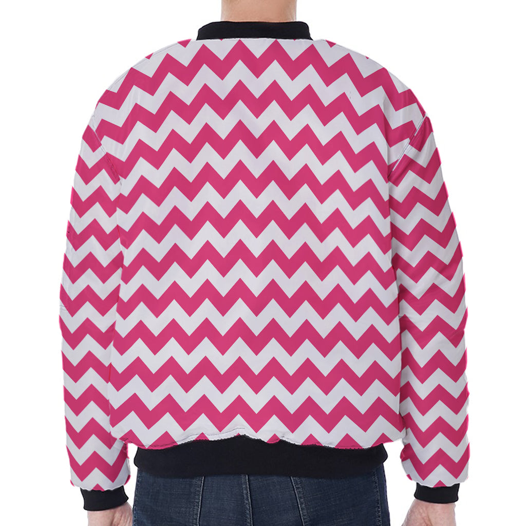 Pink And White Chevron Pattern Print Zip Sleeve Bomber Jacket