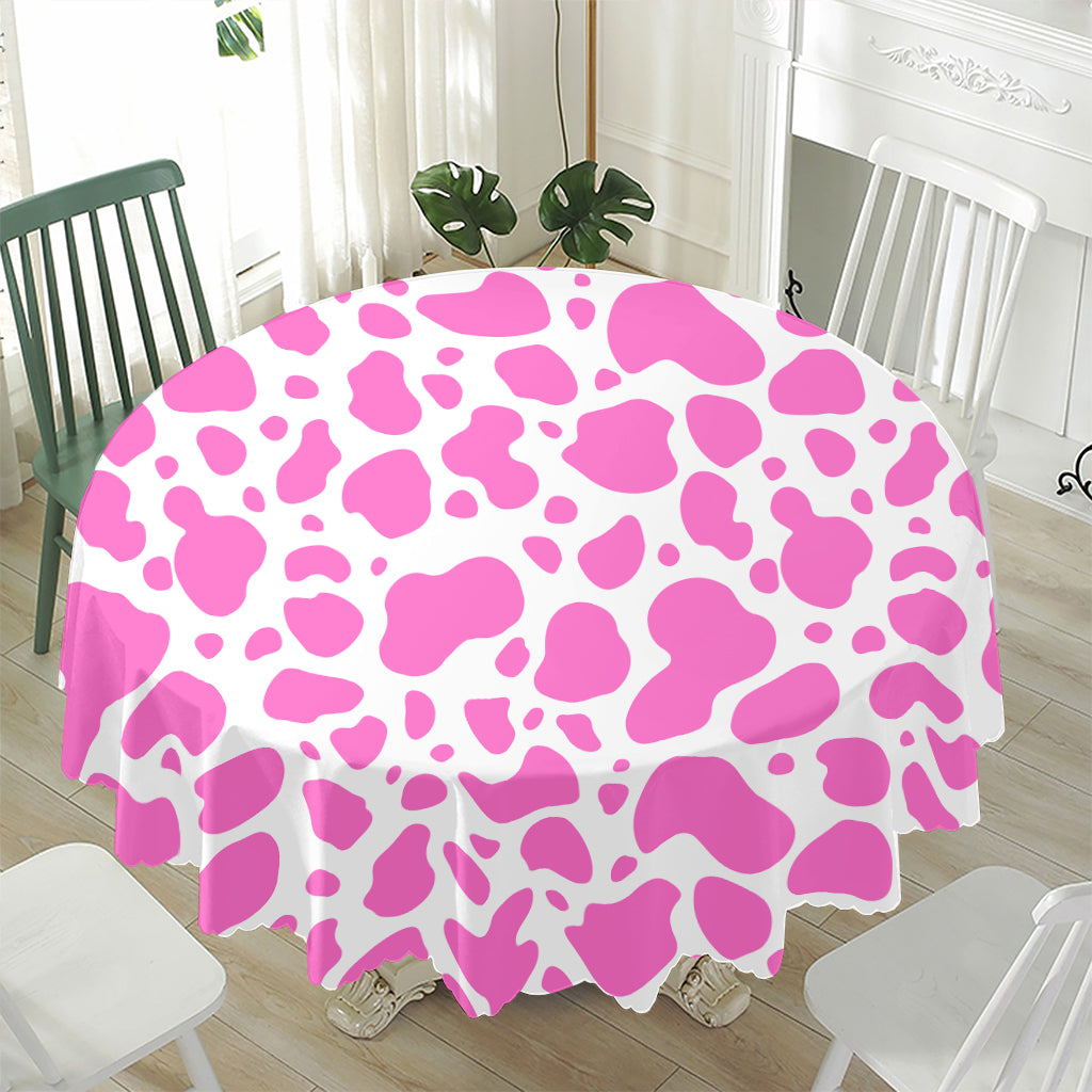 Pink And White Cow Print Waterproof Round Tablecloth