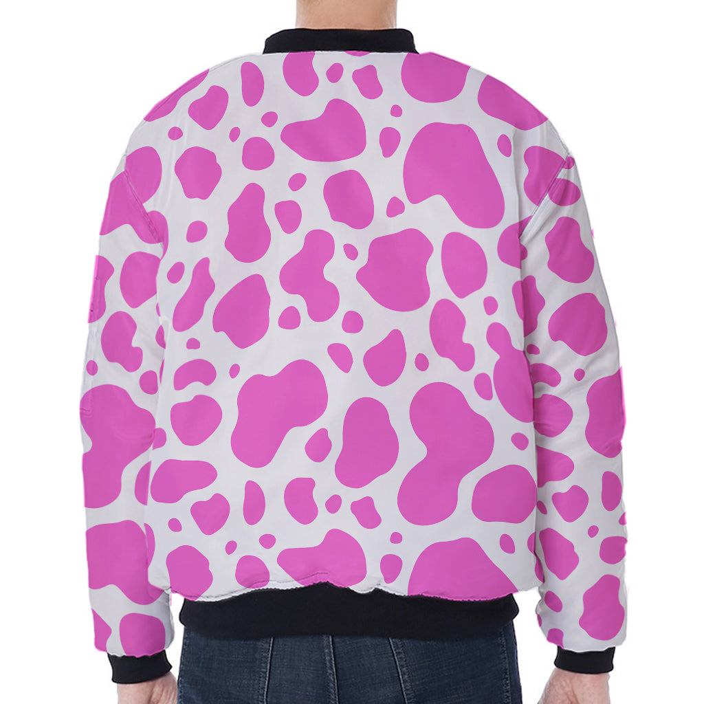 Pink And White Cow Print Zip Sleeve Bomber Jacket
