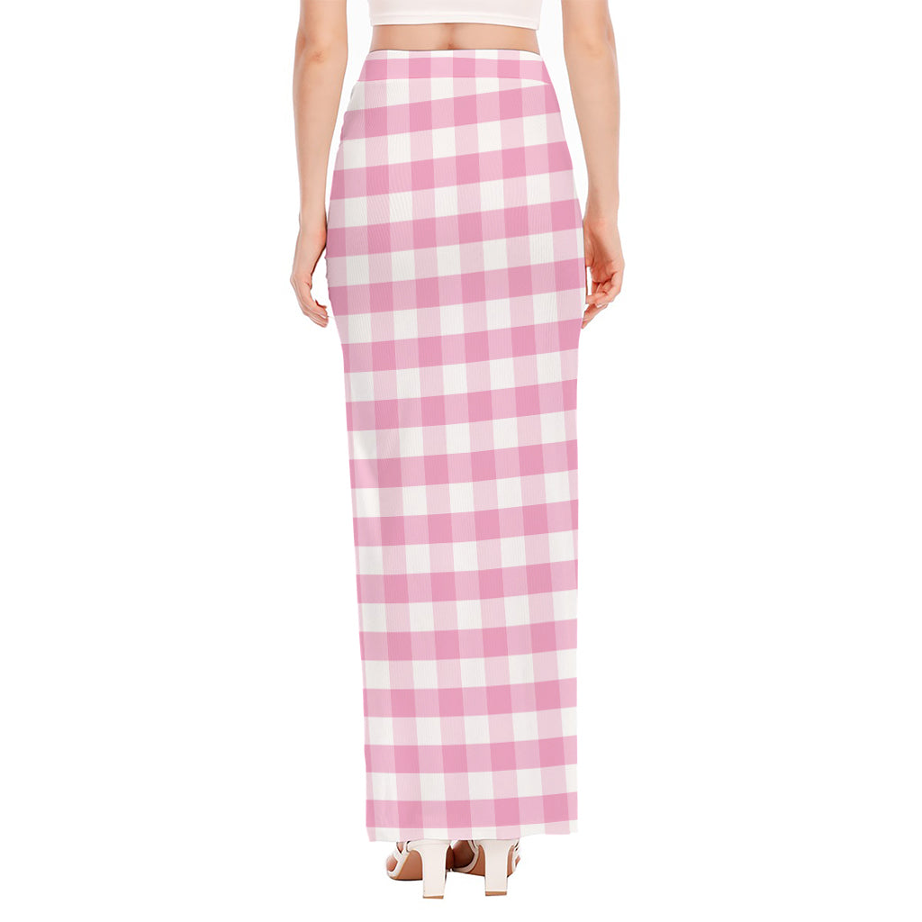 Pink And White Gingham Pattern Print High Slit Maxi Skirt