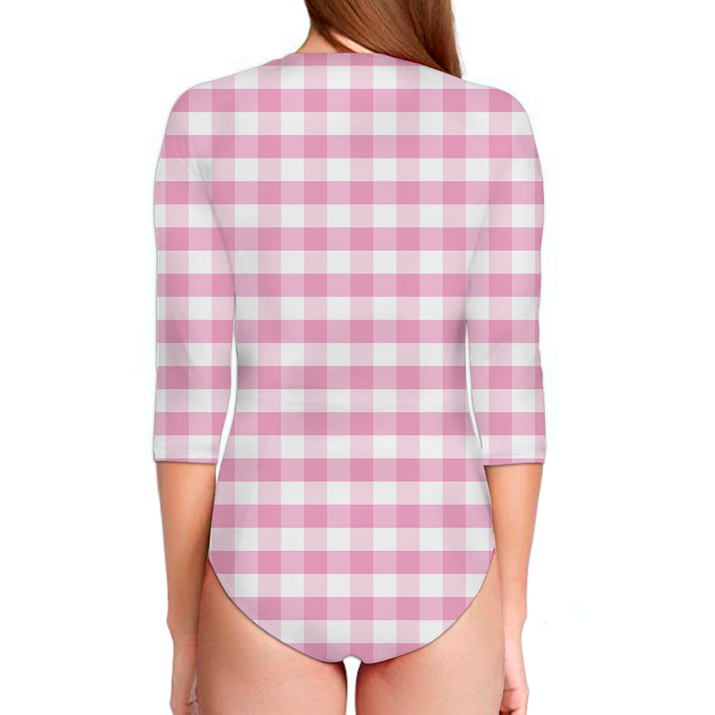 Pink And White Gingham Pattern Print Long Sleeve Swimsuit