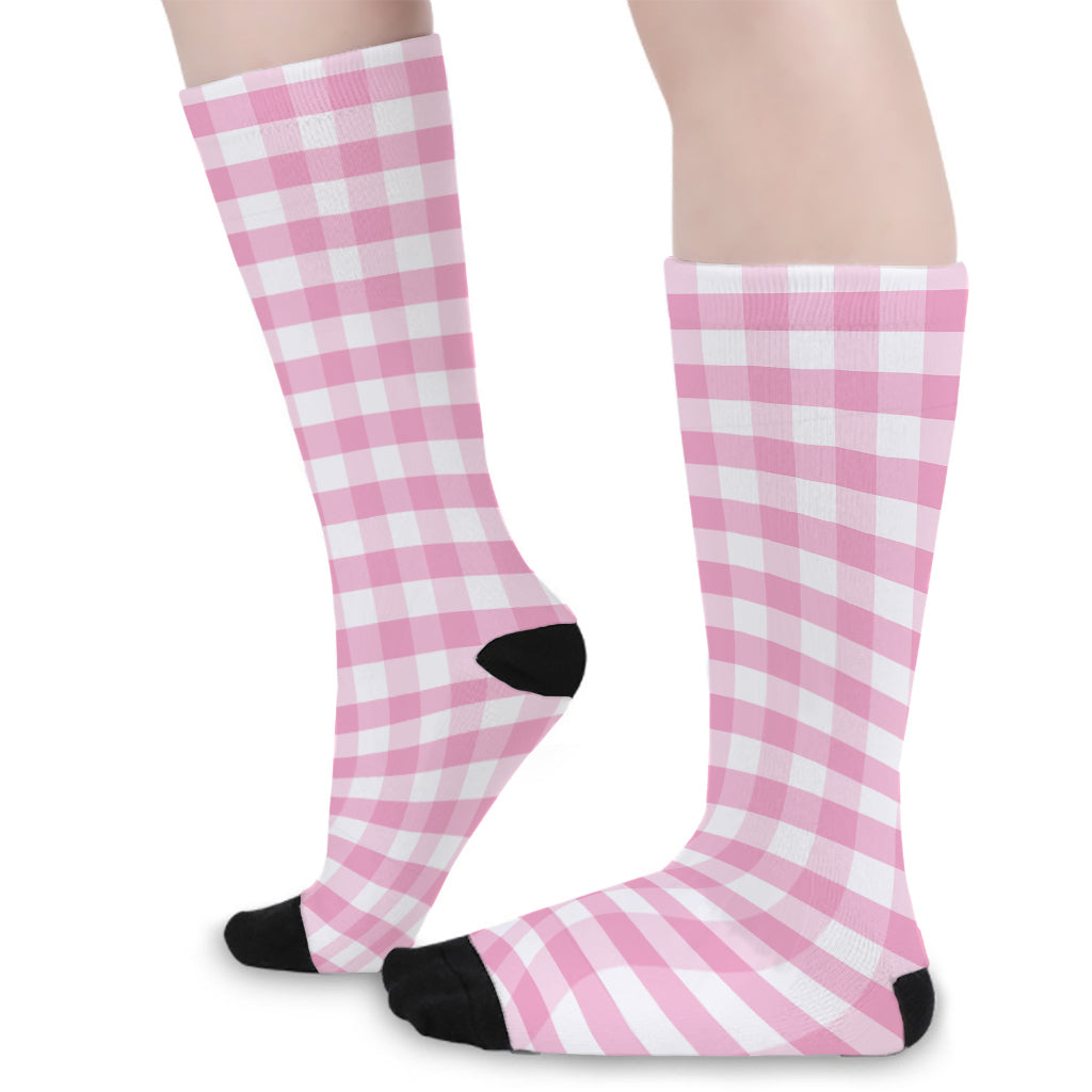 Pink And White Gingham Pattern Print Long Socks